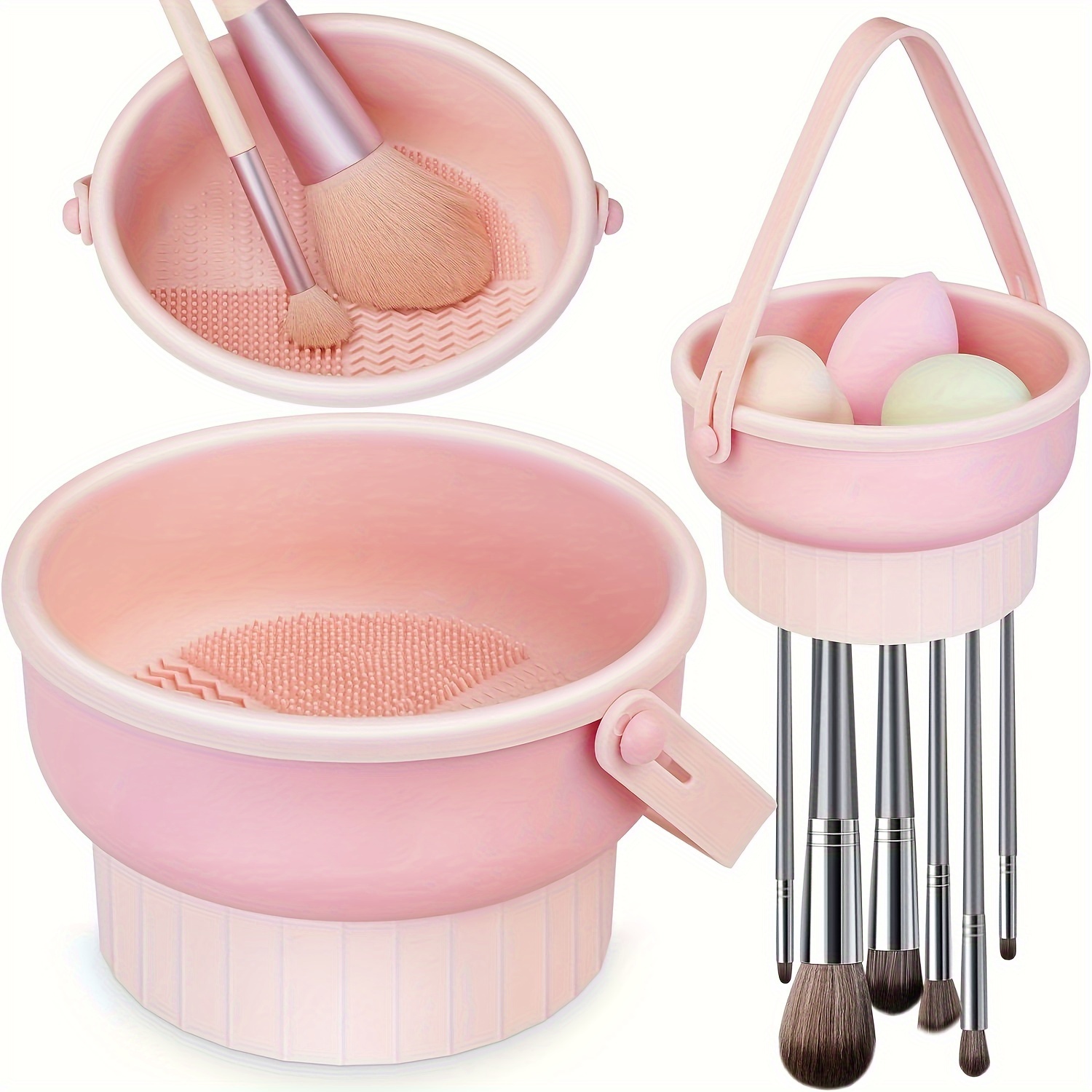 Tappetino e stendino per pulizia pennelli per trucco in silicone 3 in 1, strumento per pulizia e asciugatura tutto'aria dei pennelli cosmetici, kit organizer per strumenti di bellezza: Colore rosa