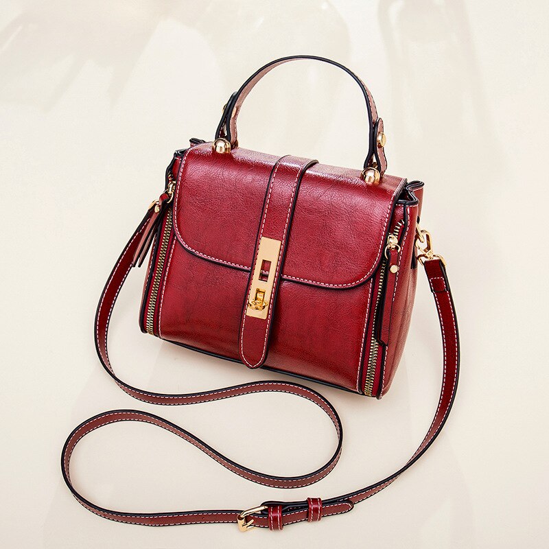 Bag Lady Tidewater Bucket Bag Oil Wax Leather Cross-Body Bag Versatile Shoulder Bag Portable Small Bag: Red