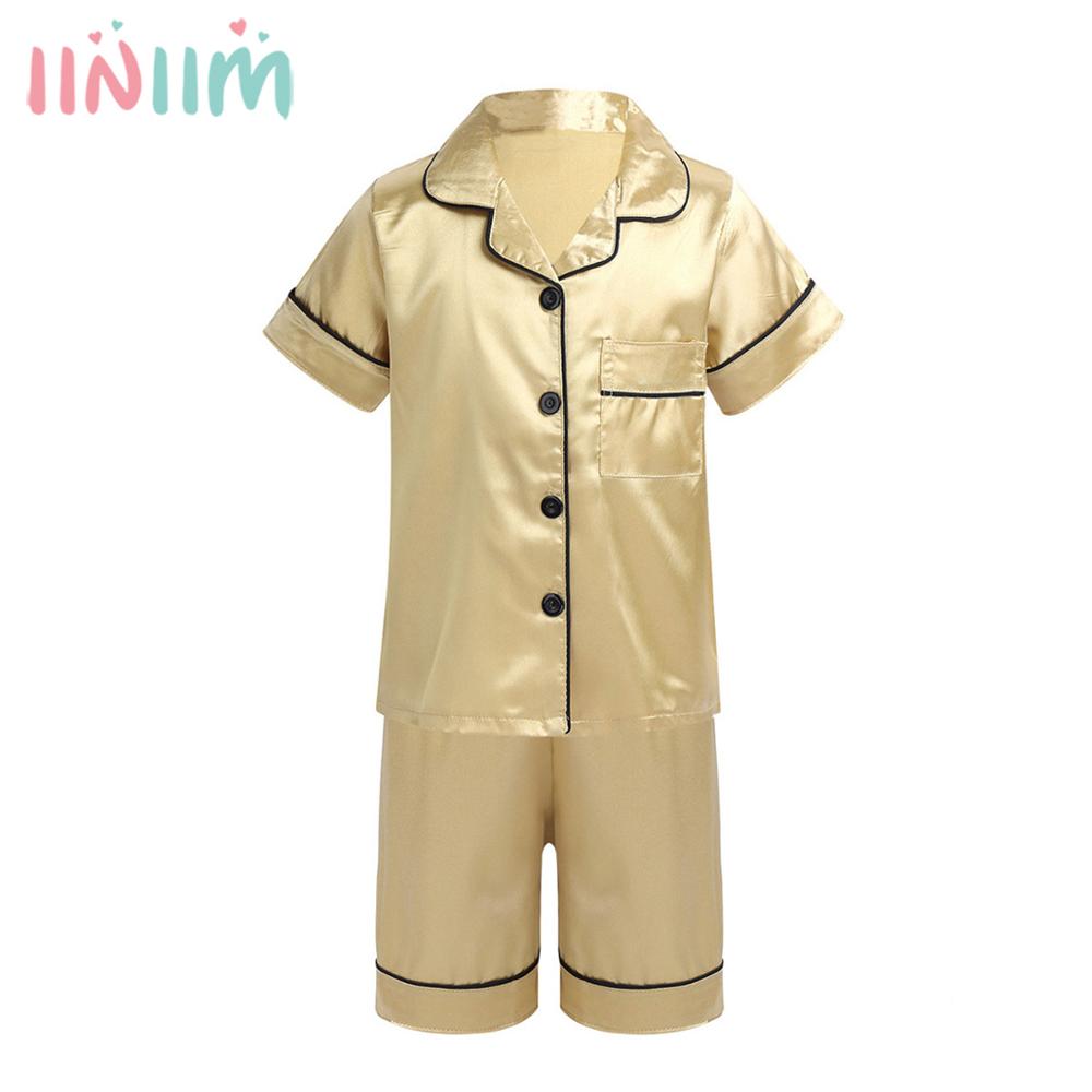 Zomer Kinderen Nachtkleding Sets Unisex Clasic Zijden Pyjama Nachtkleding Outfit Korte Mouw Slaap Set Jongens Meisjes Nachtkleding Loungewear