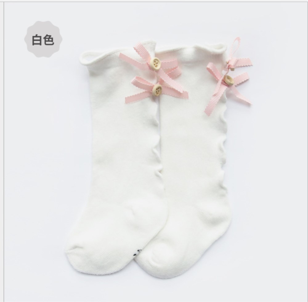 Kids Peuters Meisjes Sokken Grote Boog Knie Hoge Lange Zachte Katoen Kant Baby Solid Herfst Warm Ruches Boog: WHITE / 1-3 Years
