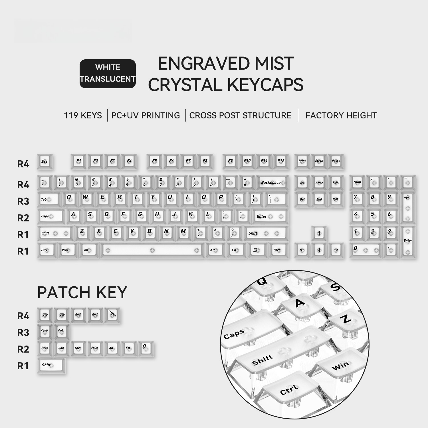 Front Matte Finish Keycaps Sides Translucent Cherry Profile PC Keycaps for Gaming Mechanical Keyboard Key Caps Custom Keyboard: WHITE