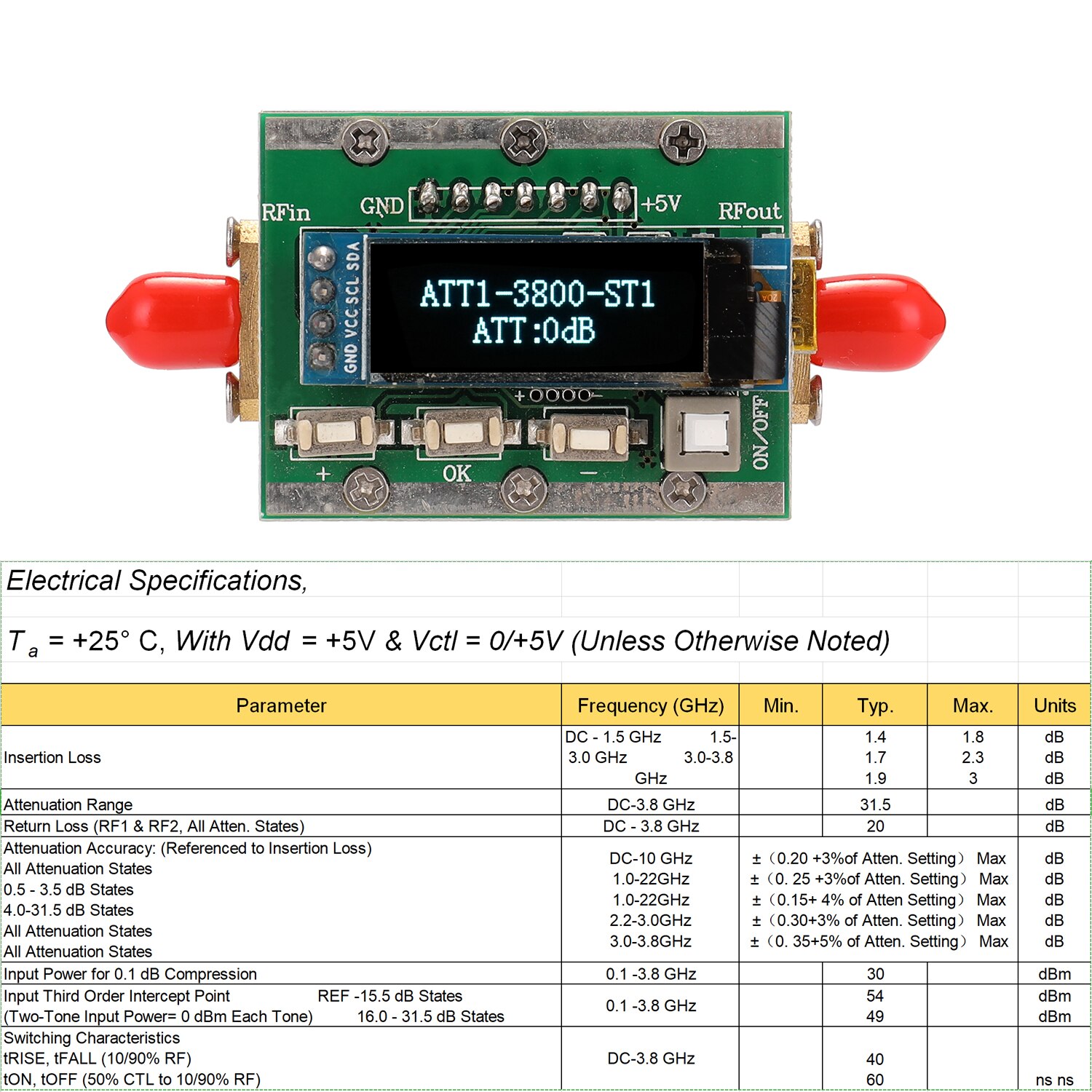 1MHz-3800MHz Radio Frequency Digital Programmable Attenuator 0-31dB Adjustable Step 1dB PC Controllable CNC Shell