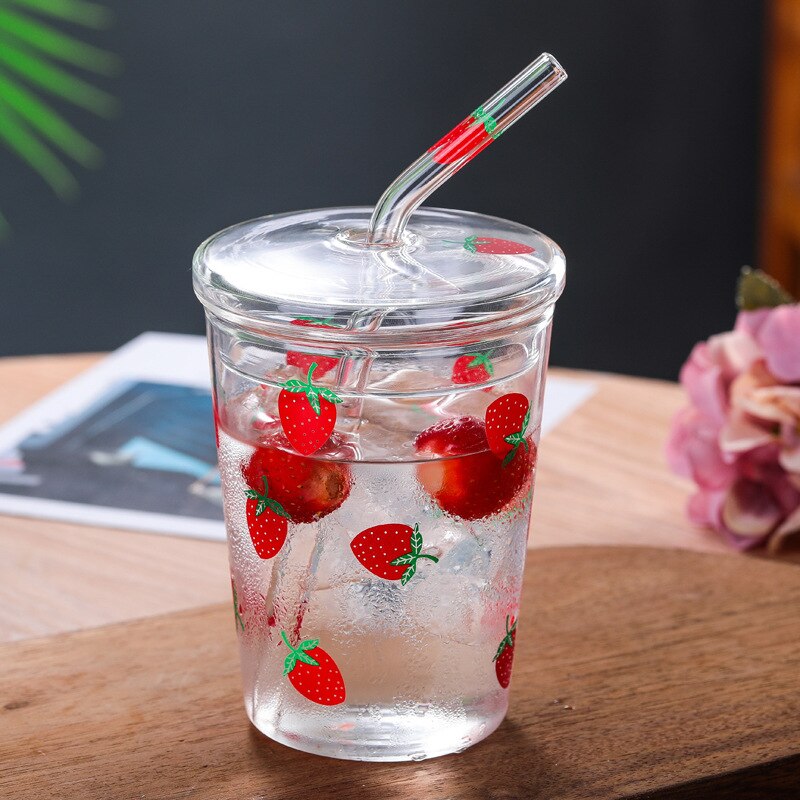 Heat-Resisting Clear Strawberry Letter Pattern Coffee Juice Drinking Water Glass Cup with Straw Lid For Home OffIce Drinkware MJ
