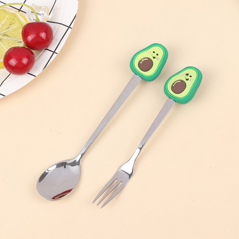 Tenedor de acero inoxidable con forma de fruta para niños, Mini tenedores para fruta, pastel, postre, ensalada, cubiertos de comida de dibujos animados, herramienta de cocina, 2 uds.: Avocado