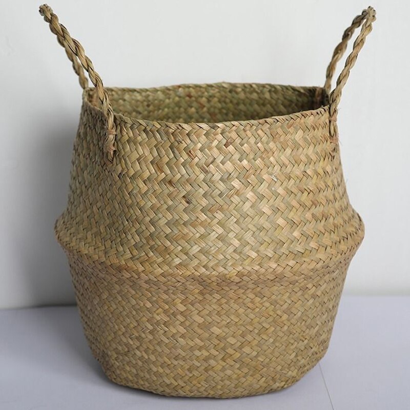 Handmade Woven Storage Basket Folding Clthoes Laundry Basket Straw Wicker Rattan Seagrass Belly Garden Flower Pot Plant Basket: natural / M    16 cm x 14 cm