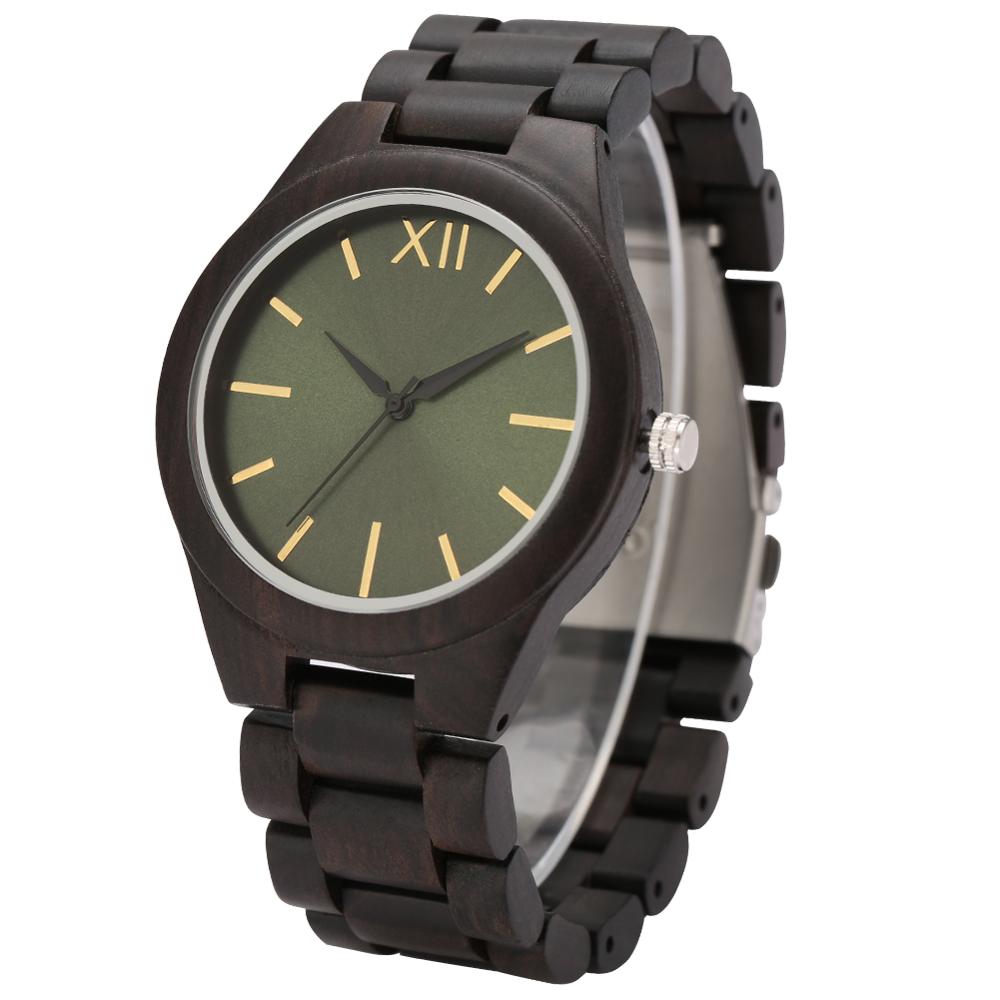 Elegante Ebbenhout Mannen Houten Horloge Eenvoudige Groene Wijzerplaat Zwarte Band Met Gouden Nagels Mannen Houten Horloge Duurzaam Vouwsluiting horloge