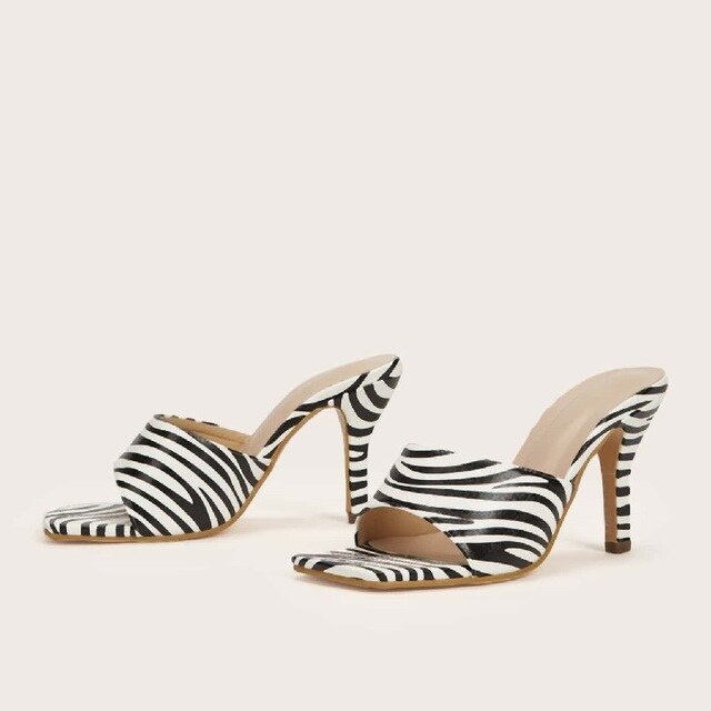 Sexy Zebra sandal Square Head Peep Toe Thin High Heels Slippers Summer Slip On Slides Women Mules Party Shoes