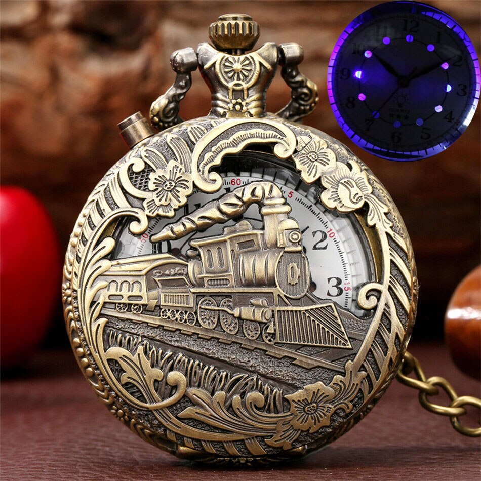 Steampunk tåg led display kvarts fickur antika hängande klocka fob kedja fickur män kvinnor: Brons