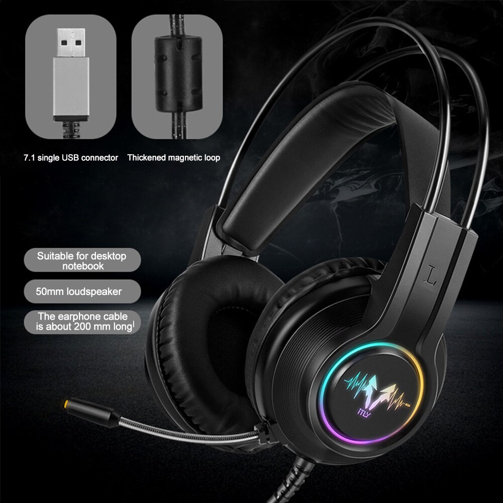 Surround Sound Ergonomic LED RGB Light For Laptop ABS Stereo Noise Canceling Gaming Headset Wired USB Interface Universal: Black 7.1USB