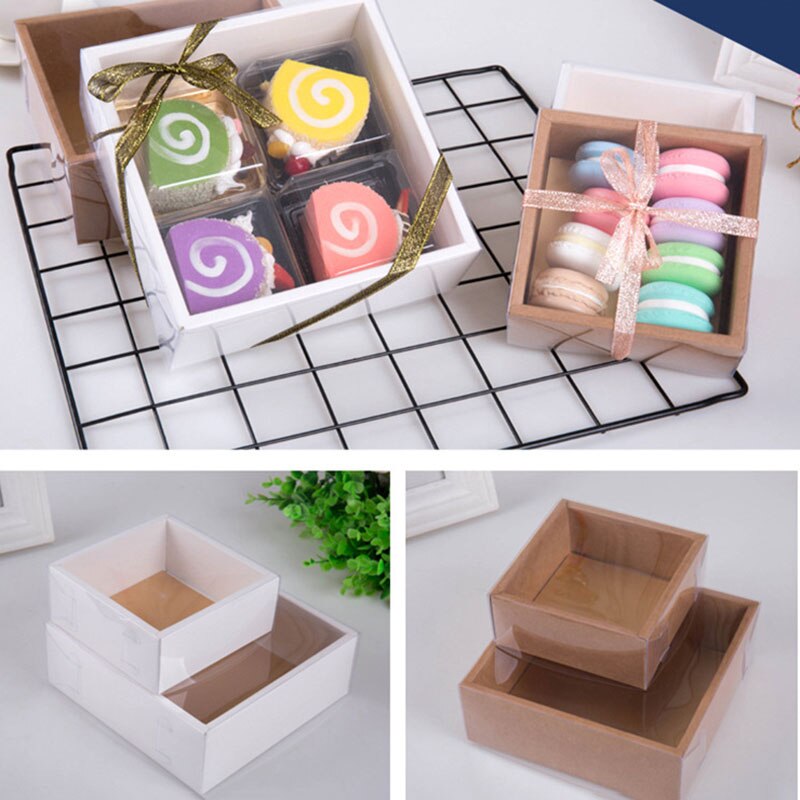 10 Uds caja de de Kraft ventana PVC transparente Galleta de macarrón caramelo pastel caja de embalaje con tapa transparente de Navidad Favor de Partido de la boda