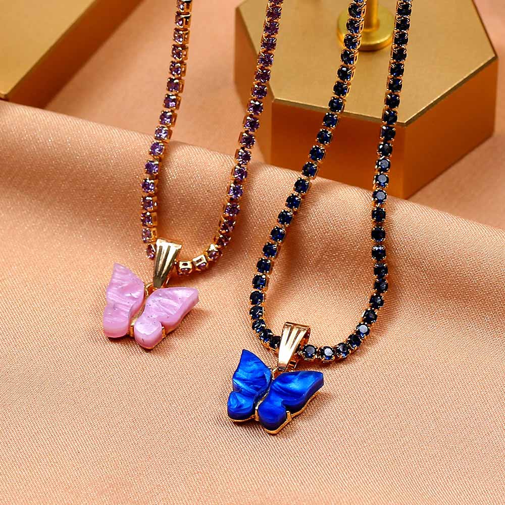 Luxury Bling Cubic Zirconia Choker Necklace for Women Multicolor Acrylic Butterfly Pendant Necklaces Party Jewelry