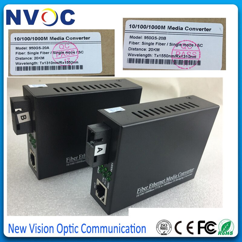 Gigabit Ethernet Media Converter,1.25Gb/s, Bi-Directional Single-Mode SC fiber,20KM,1000Base-LX to 10/100/1000Base-T