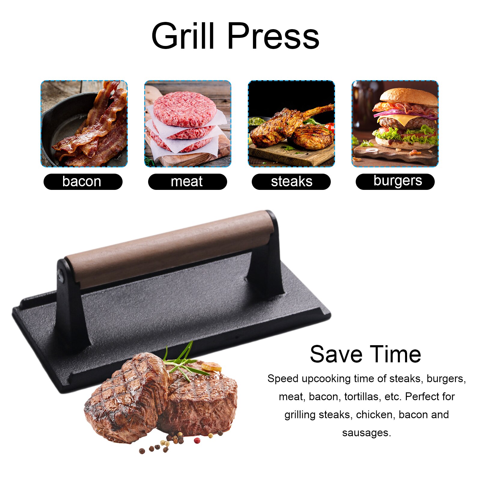 Kitchen Heavy Cast Flat Iron Steak Weight/Bacon Press with Wooden Handle, Heavy-Weight Grill Press Commercial Grade Burger
