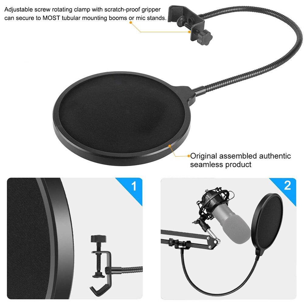 Filtr Muzyka pop mikrofon dla niebieski yeti i Bm 800 Mic 6 Cal dwuwarstwowa Muzyka pop szyba przednia z elastycznym uchwytem stabilizującym 360 °