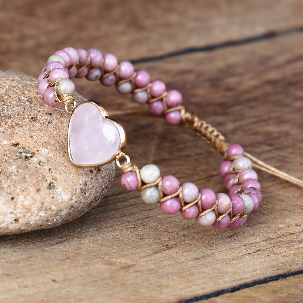 4Mm Rhodonite Roze Crystal Heart Charm Armbanden Vrouwen Bohemen Yoga String Gevlochten Lover Wrap Armband Handgemaakte Sieraden