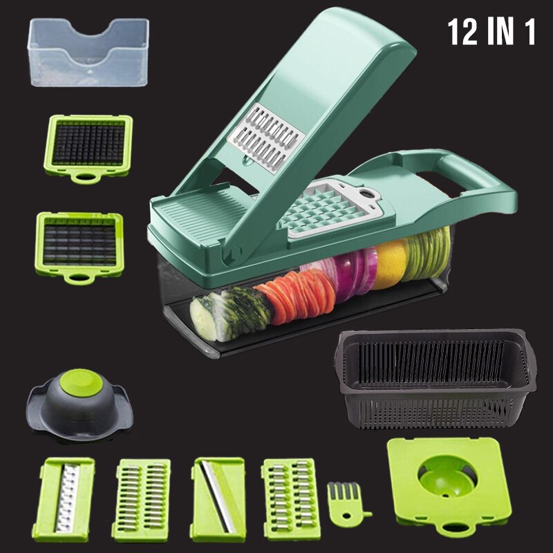 Multifunctionele Groentesnijder Slicer Rasp Cutter Dunschiller Dunschiller Wortel Rasp Afvoer Mand Keuken Tool 12 In 1: Green 12 in 1