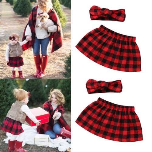 Kids Baby Girls Girl Mini Skirt Plaid+Bow Hat Outfits Set Clothes