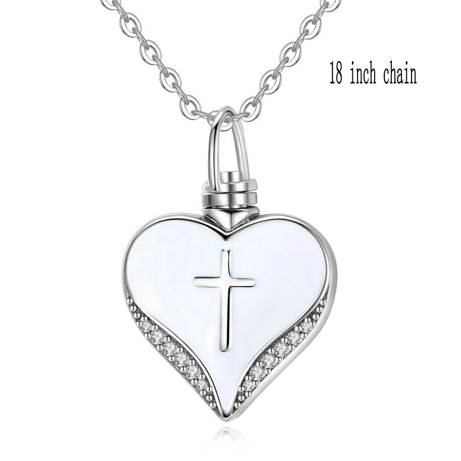 1pc Sterling Silver Heart Cremation Urn Necklace Ash Jewelry Memorial Keepsake Cross Pendant Forever in my heart CZ Necklaces G1: 18 inch