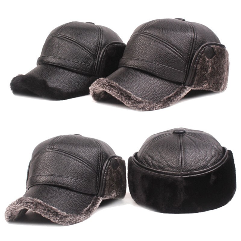 Winter Warm Mens Leather Cap Warm Baseball Cap with Ear Flaps Thick Fur Caps for Winter Bomber Hats PU Leather Man Hat