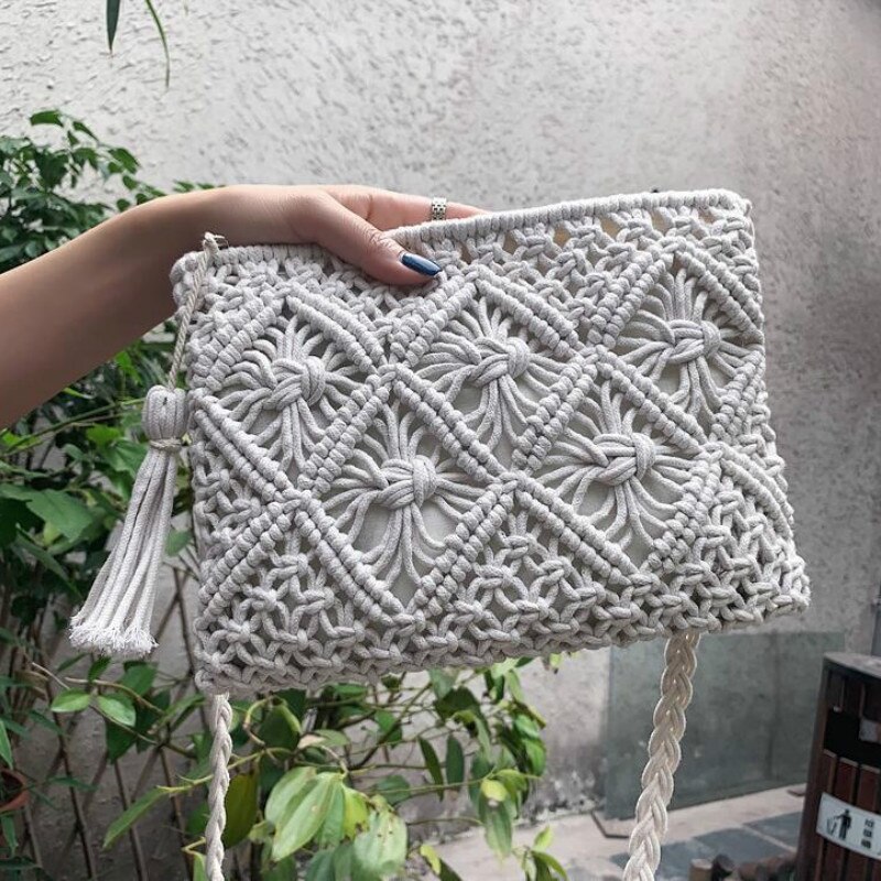 Sac à main à franges, sacoche en corde de coton, sac en fil de coton, sac à épaule Oblique, sac tissé Portable