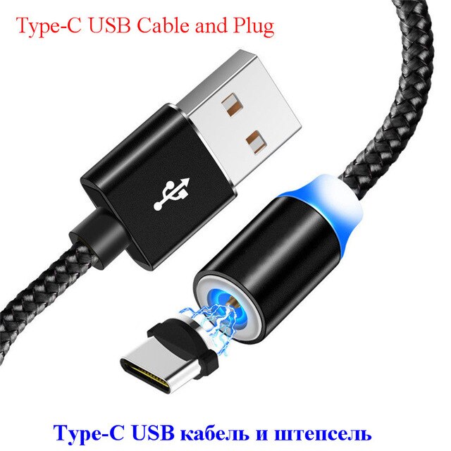 Cable Micro USB magnético de 1M para iPhone, Samsung y Android, Cable de carga rápida USB tipo C, Cable de cargador magnético: Black C Plug