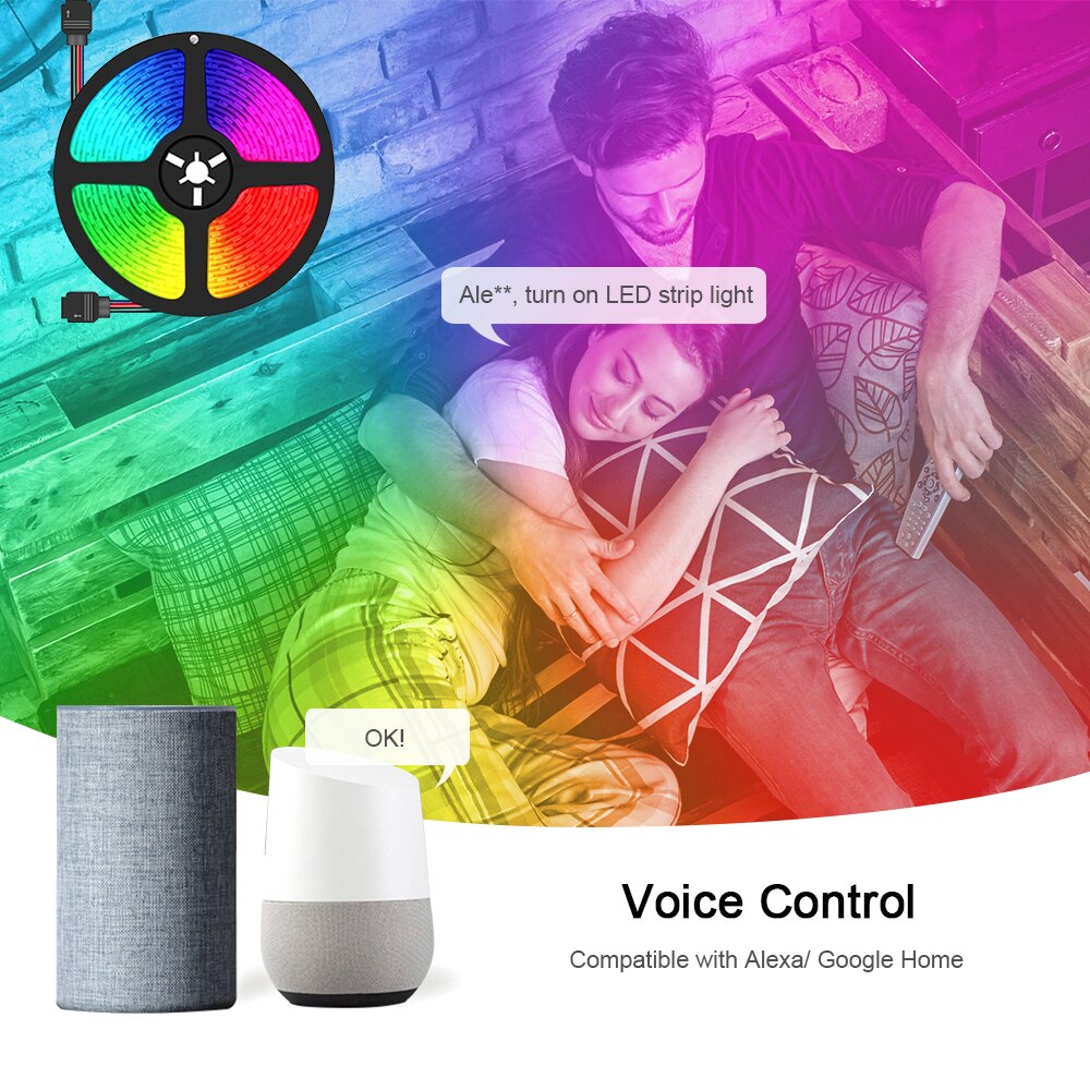 RGB LED Strip Lights IR Remote Control Wi-Fi Controller Smart APP Voice Control Timer Color Changing 5050 LED Lights for Party