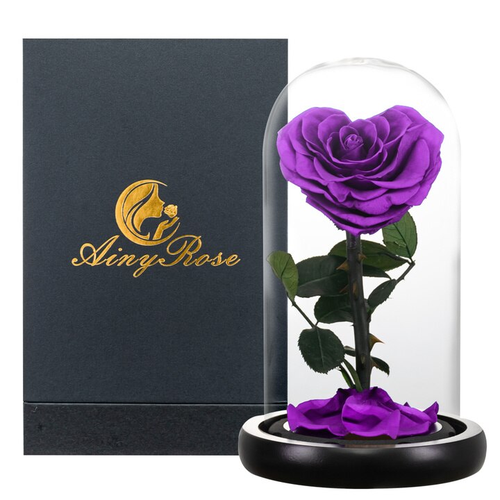 AINYROSE Heart Shaped Preserved Rose Beauty and The Beast Eternal Rose Wedding Artificial Flowers Valentine Christmas: Purple Rose Gift Box