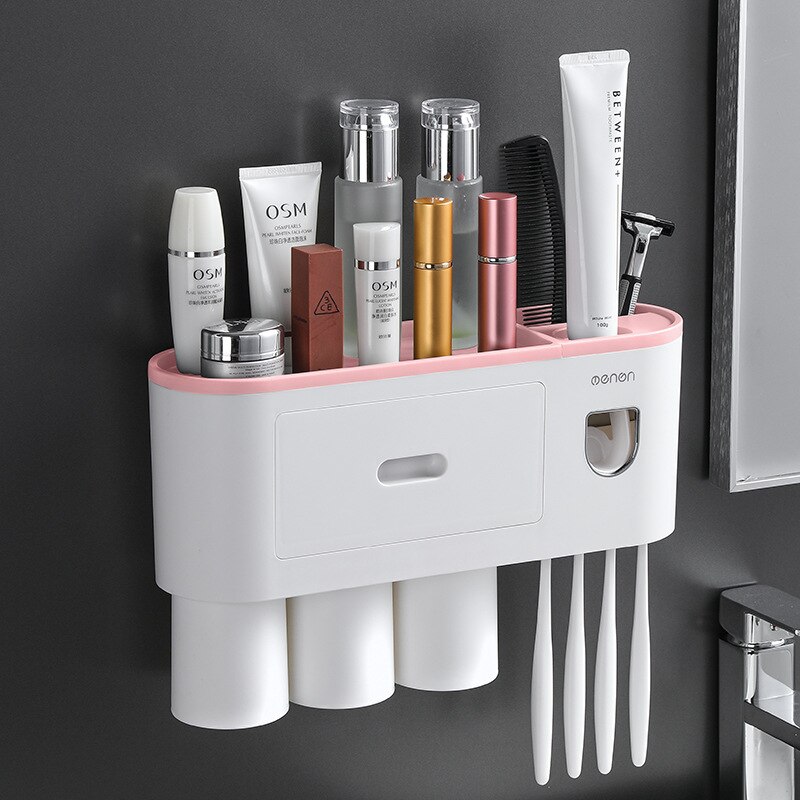 Magnetic Adsorption Toothbrush Holder Automatic Toothpaste Squeezer Home Storage Shelves Wall-mounted Bathroom Accessories Set: 3 Cups Pink