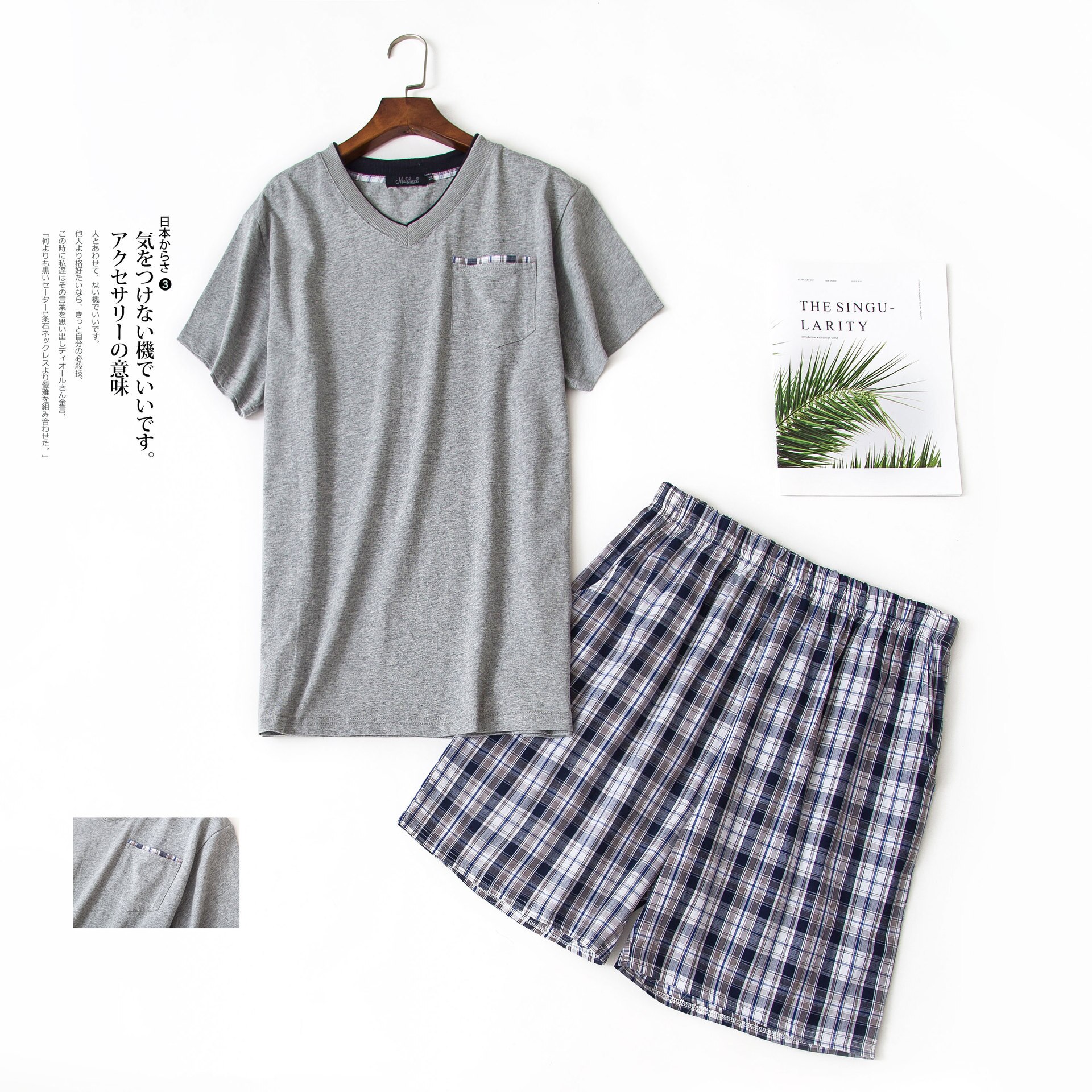 Plus Size Summer Short-sleeved Shorts Plaid Pajama Suit European Men's Cotton Mens Pyjama Sexy Sleepwear Men Pijamas Big Size: 18 male gray / M