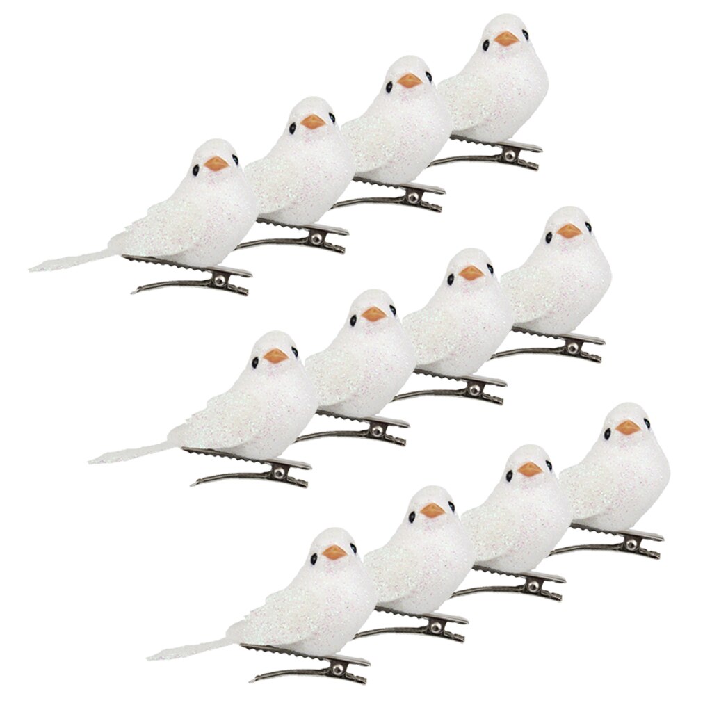 Paquete de 12 pájaros artificiales en Clips, pájaros de espuma con plumas para manualidades DIY, adornos de jardín al aire libre, decoraciones para fiestas en casa: White
