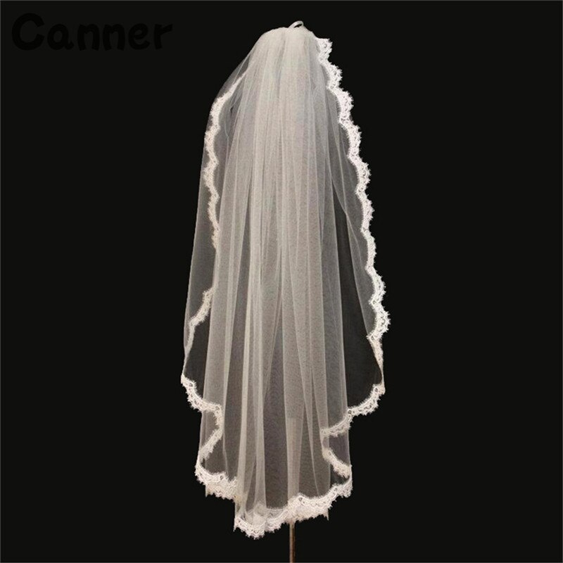 Inmaker Korte Bruiloft Sluier Wit Lvory Een Layer Lace Flower Edge Applicaties Bridal Veils Bruiloft Accessoires