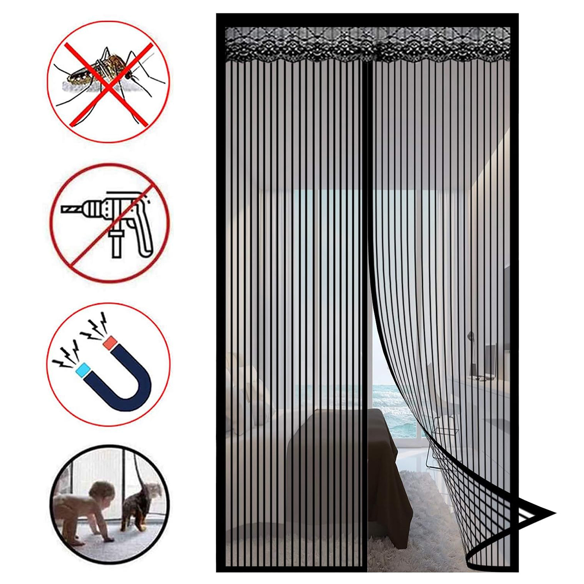 Magnetisk skjermdørgardin anti-myggnett flue insektnett automatisk lukking tilpasset størrelse enkel installasjon