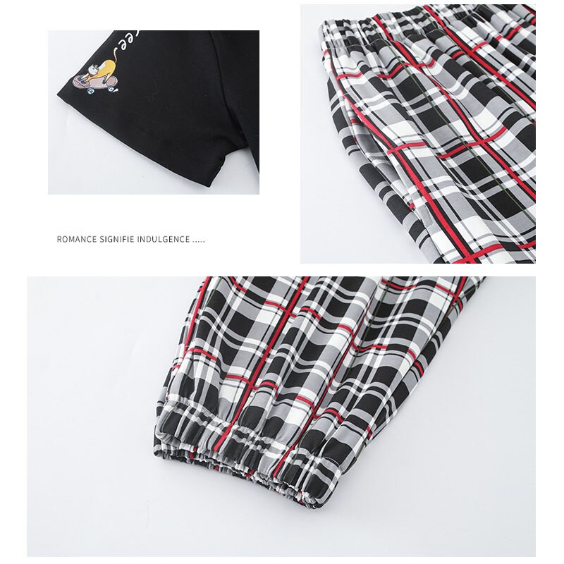 Men's Sleepwear 100% Cotton Pijama Hombre Summer Short Sleeve T-Shirts Plaid Shorts With Pockts Pajamas For Men Pyjama PJS