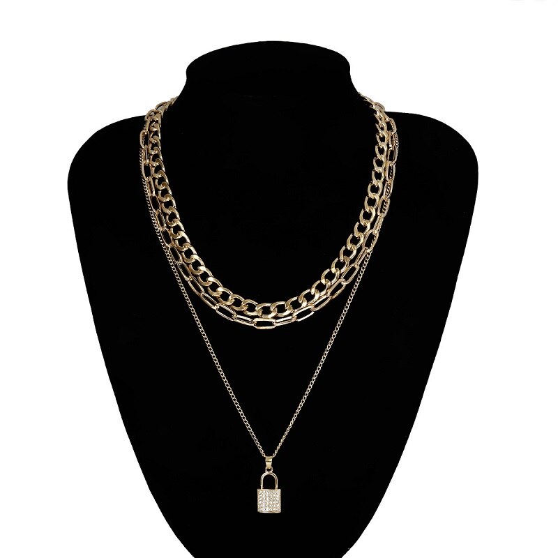 Exknl Gelaagde Crystal Lock Collier Meisjes Leuke Ketting Set Claviclel Kettingen Vrouwen Vrouwelijke Mode Choker Hals Sieraden: gold 3