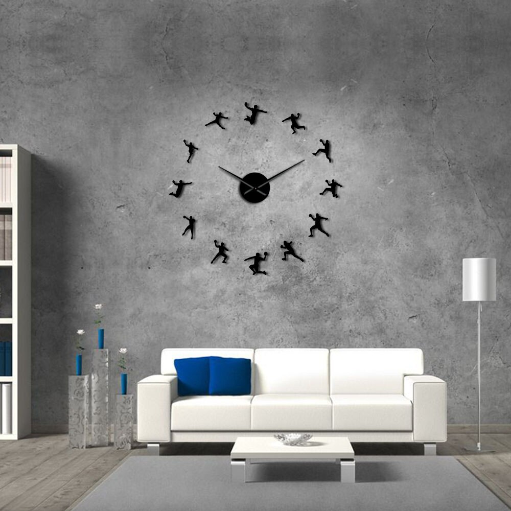 Reloj gigante de pared DIY, decoración deportiva para habitación de adolescentes, Bola de mano, pegatinas de espejo de silueta acrílica, Bola de mano
