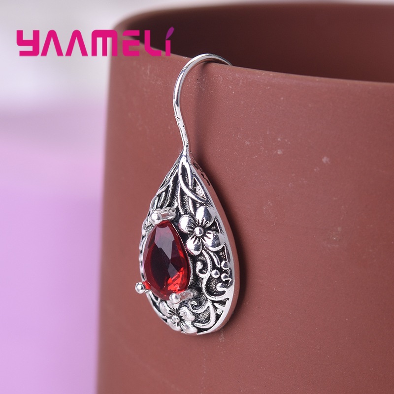 Pendientes de gota de agua de estilo Retro para mujer, Plata de Ley 925 antigua, circonita roja, tallado de flores