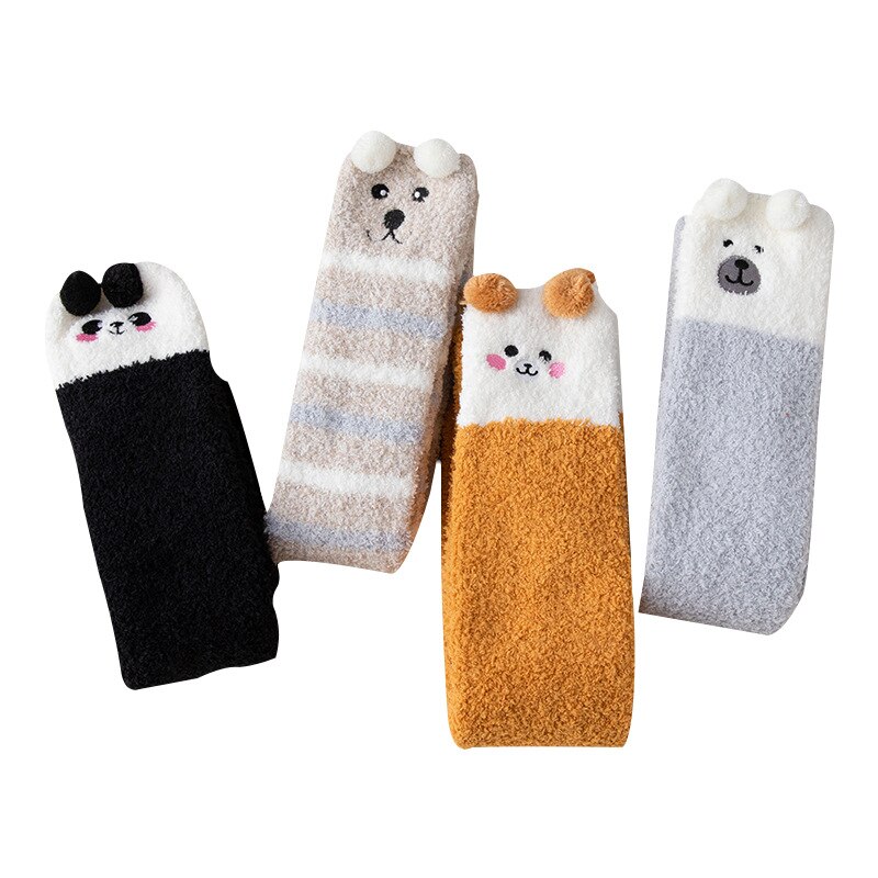 Winter Soft Coral Fleece Women Thigh High Socks Cute Cartoon Animals Panda Cat Bear Over Knee High Ladies Girls Long Socks Home
