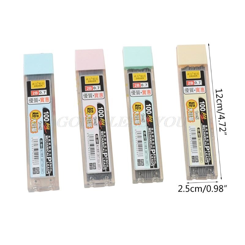 Mines de crayon de 0,5 ou 0,7 en graphite et plomb 2B, recharge plastique automatique mécanique pour remplacer la mine de crayons, lot de 100 pièces par boîte, directe