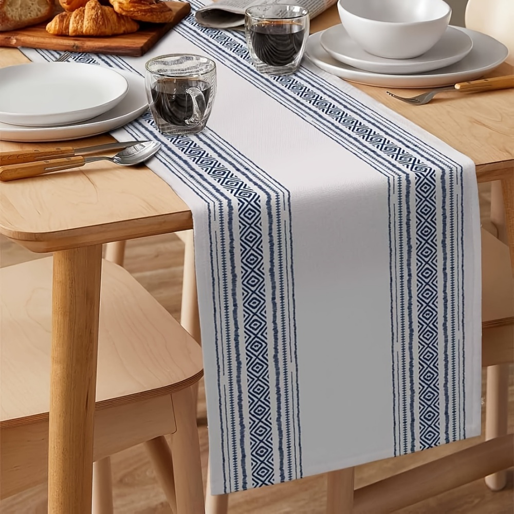 1pc bohemiska bordlöpare långa - duk med blå och vita geometriska ränder, bohemisk lantlig inredning för bröllop