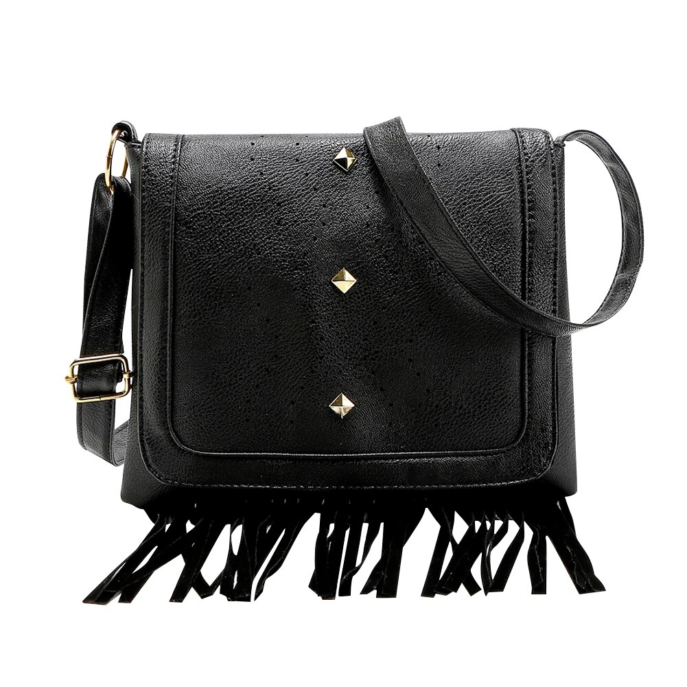Vintage dames schoudertas met kwastjes, hol, retro, pu-leer, effen kleur, reistassen voor dames: Zwart