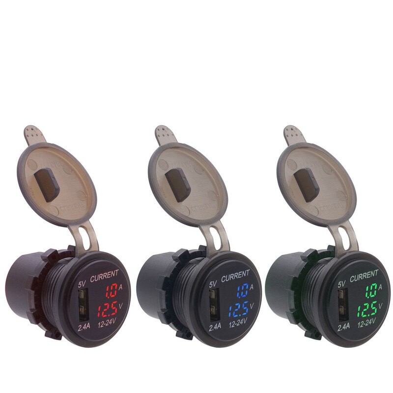 12-24V Car Charger USB Charger Socket Adapter LED Display With Dust Cover Power Socket Car Motorcycle with Voltmeter Ammeter