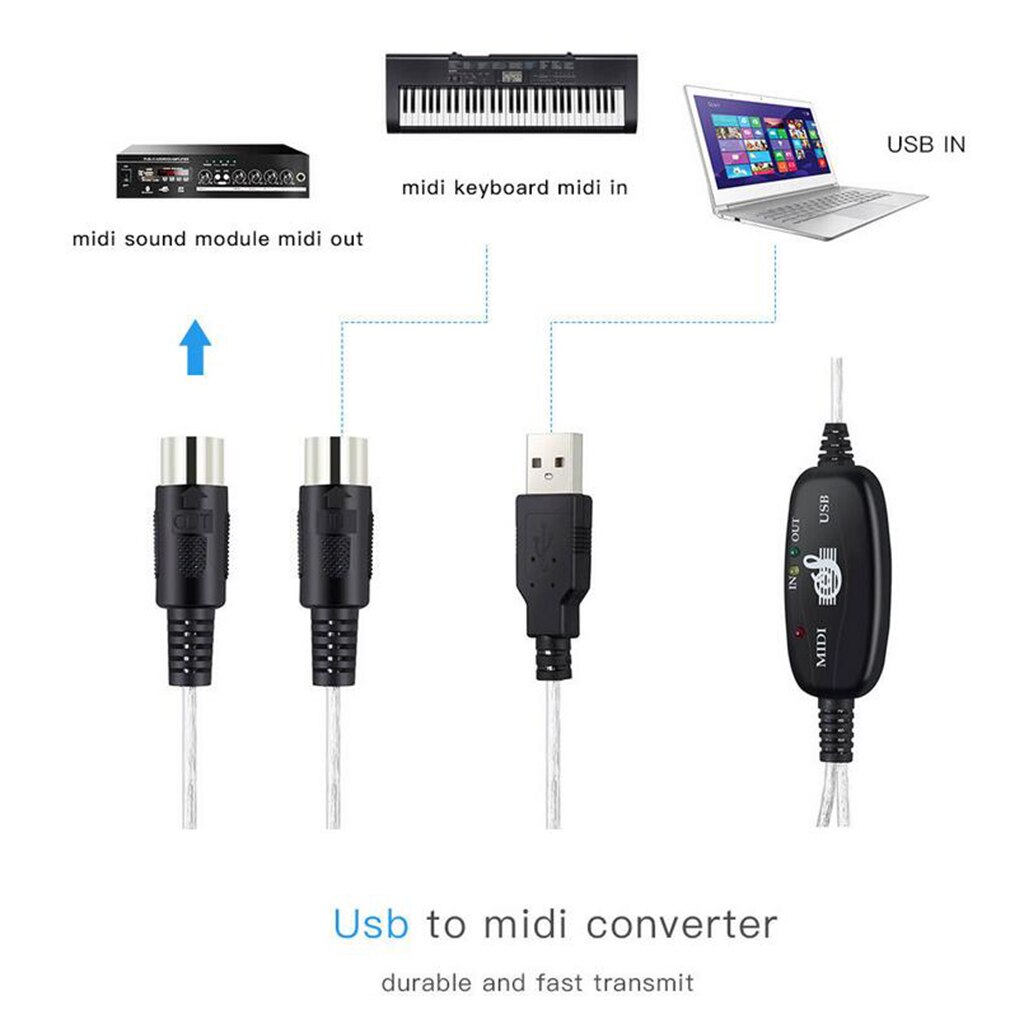 2 metros USB IN OUT Cable MIDI de interfaz de 5 pines Midi a convertidor de Cable USB PC a música teclado adaptador