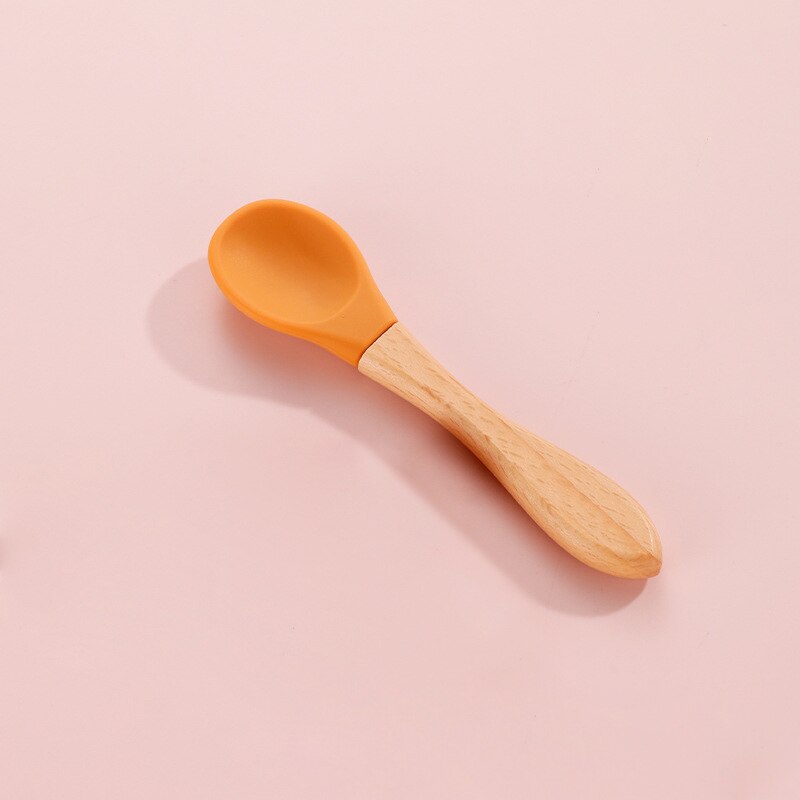 Feeding Wooden Handle Silicone Spoon For Baby Utensils Eat Soild Food Kids Training Manipulative Ability Children's Tableware: Orange