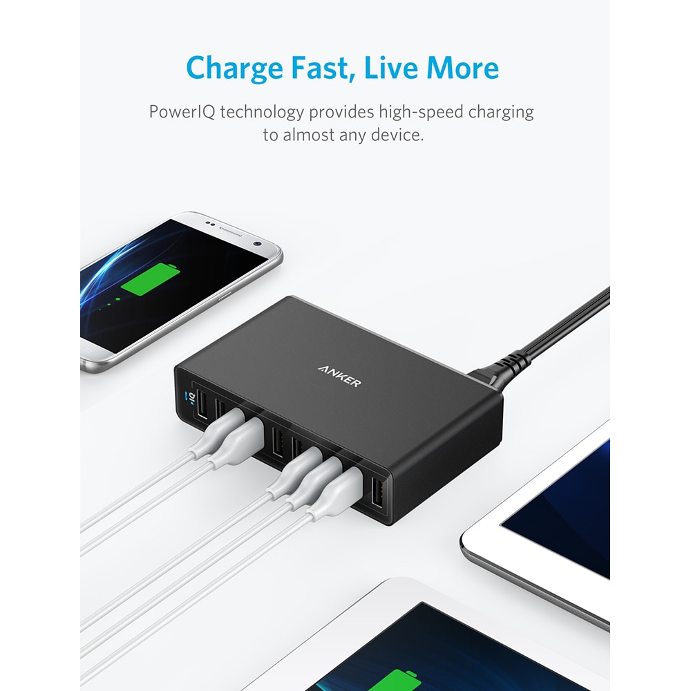 Anker 60W 10-Port USB Wall Charger PowerPort10 for iPhone Xs/XS Max/XR/X iPad Pro/Air 2/mini Galaxy S7/S6/Edge/Plus Note 5 More