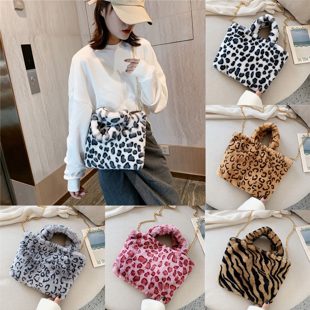 Leopard aufbringen Punkt Handtasche Winter Frau Warme Pelzigen Tasche Plüsch Handtaschen Neue Kette Schulter Taschen Für Frauen Handtasche