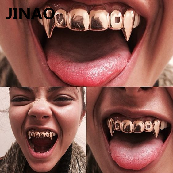 JINAO, Color dorado, plateado, Hip Hop, dientes, parrillas, tapas, corazón hueco cuadrado, parte superior e inferior, conjunto de dientes de vampiro Grillz para de Halloween