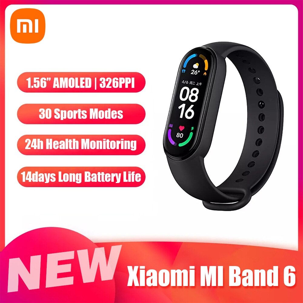 Xiaomi – montre connectée MI Band 6, écran AMOLED de 1.56 pouces, bluetooth 5.0, moniteur d'activité physique, 30 Modes sportifs, étanchéité 5atm, application MI Fit pour Android et iOS