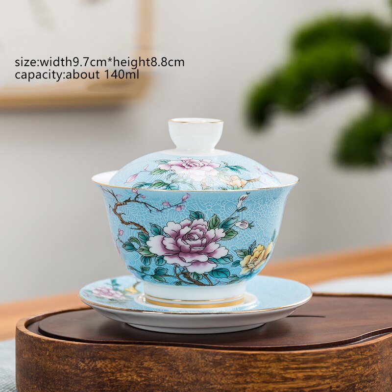 Cuenco de té de porcelana de cerámica con flores, 145ml, juego de platillo con tapa, esmalte, taza maestra Gaiwan china, vajilla de: C Style