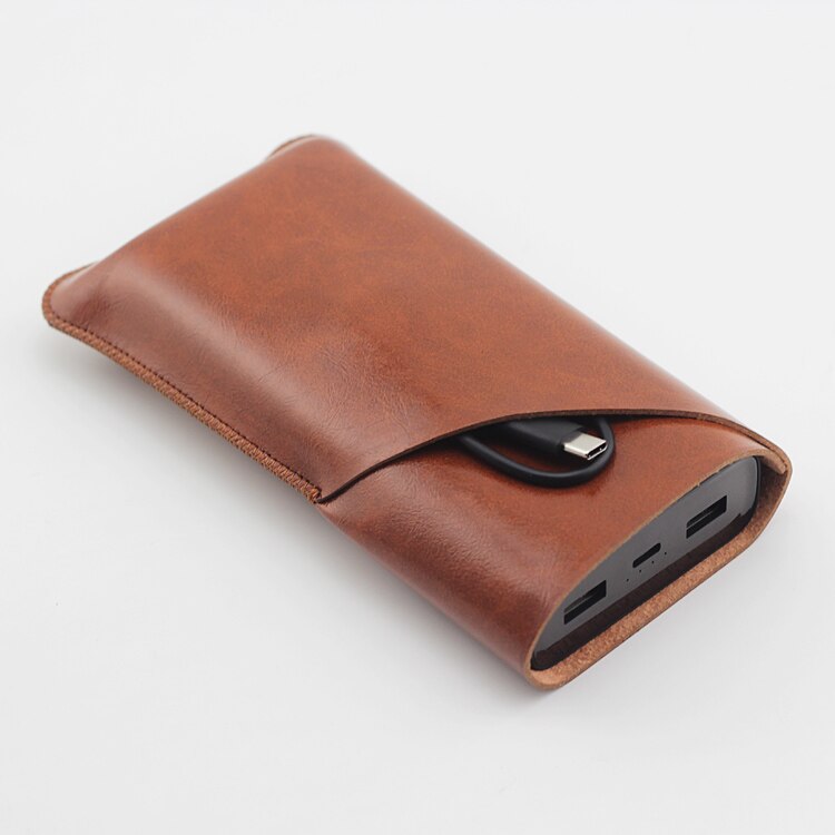 QB823 Double layer Universal Fillet holster Phone Straight leather case retro for ZMI Purple MI power Bank 10 Pro 20000mA pouch: Coffee