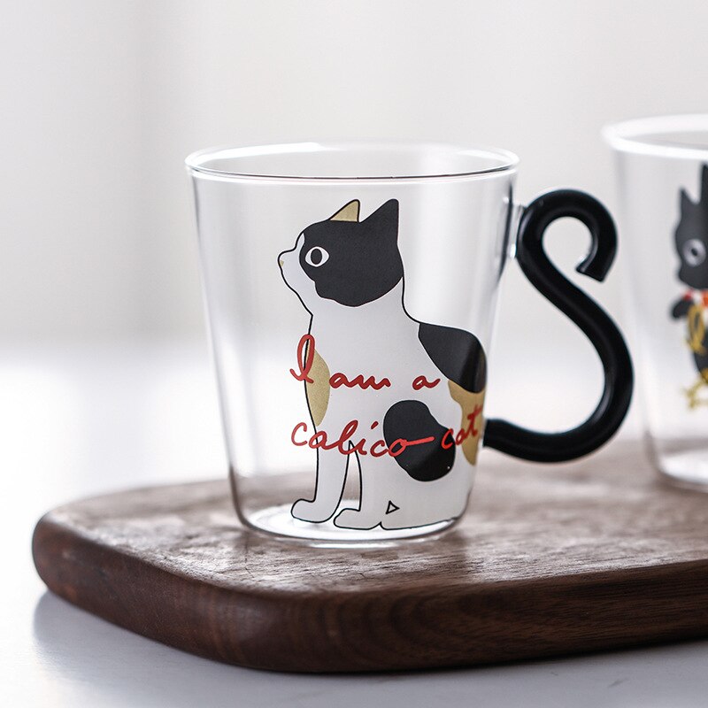 Tazas de vidrio de dibujos animados gato lindo taza de agua con cuchara agitadora desayuno tazas de leche taza de té y café resistente al calor niñas Drinkware
